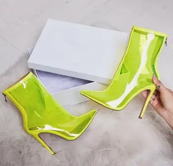 

SHOOEGLE Jelly Clear Shoes Women Pointed Toe PVC Boots Transparent Zip High Heels See-Through Perxpex Rain Boots Big size