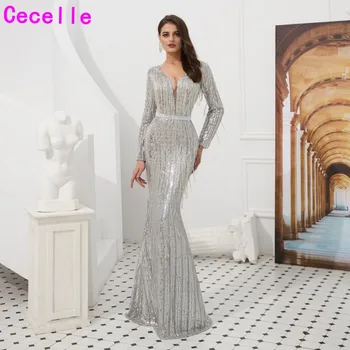 

2019 New Silver Sequins Mermaid Women Luxury Evening Dresses With Long Sleeves Sexy V Neck Women Formal Evening Party Gowns