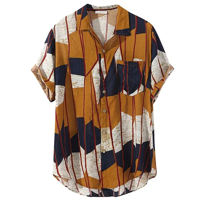 

Mens Multi Color Lump Chest Pocket Short Sleeve Round Hem Loose Shirts Blou