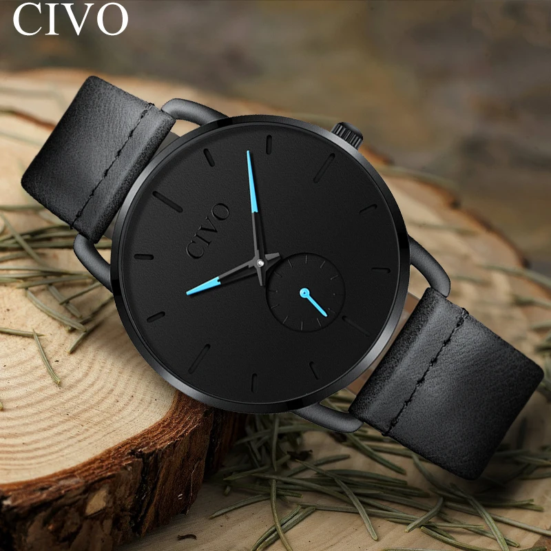 

CIVO Unique Design Sport Mens Watches Analogue Clock Waterproof Quartz Wristwatch Men Leather Casual Watch Men Erkek Kol Saati