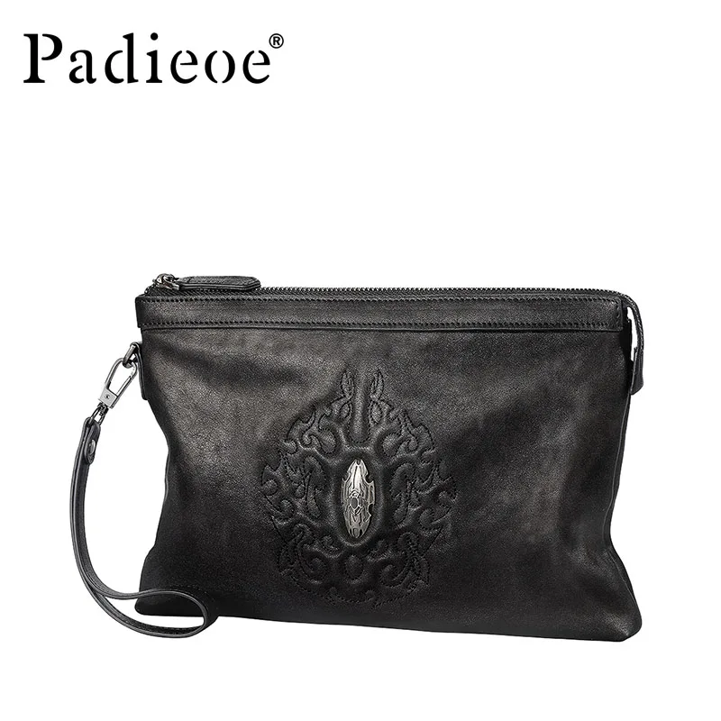 

Padieoe Genuine Leather Business Men Clutches Large Capacity Leather Envelope Men Handbags for Phone Casual Money Pocket Black