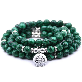 

Hot Sale 8mm Natural Green Malachite Stone 108 Mala Beads with Yoga Lotus Charm Pendant Men Or Women's Yoga Healing Bracelet