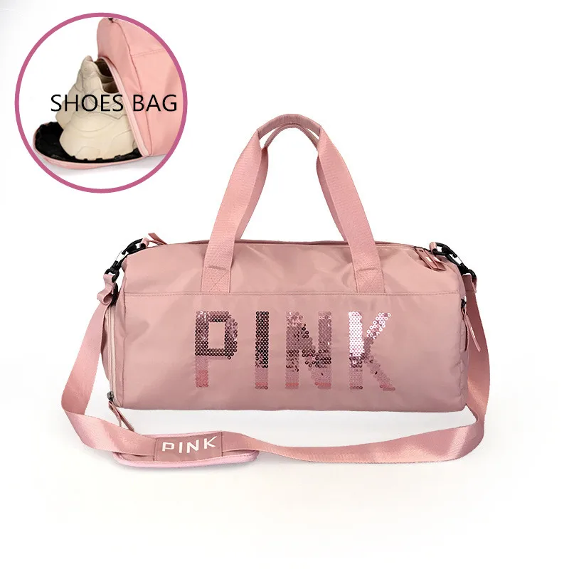 

2019 Newest Design Sequins PINK Letters Gym Fitness Sports Bag Shoulder Crossbody Bag Women Tote Handbag Travel Duffel Bolsa
