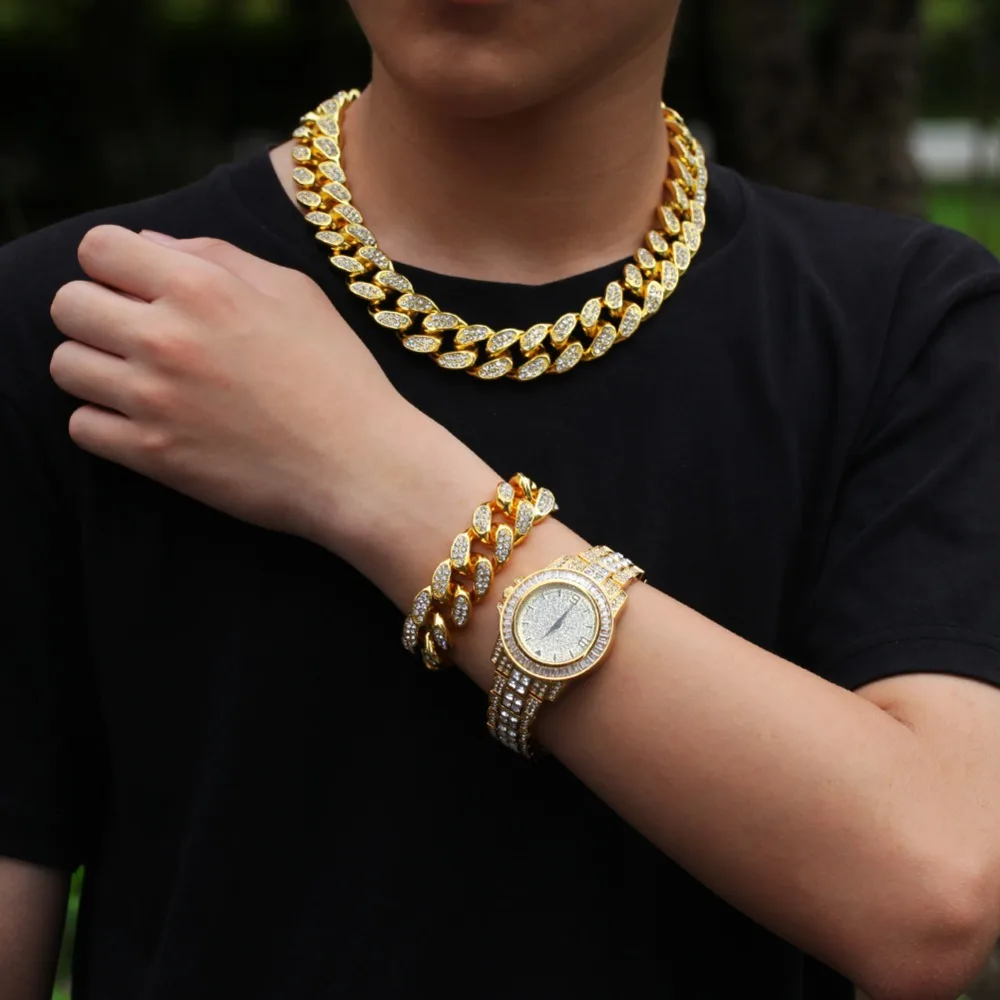 2 см в стиле хип-хоп, золотой цвет, со льдом, кристалл, кубинская цепочка, золото, серебро, ожерелье и браслет, набор часов,, хип-хоп король
