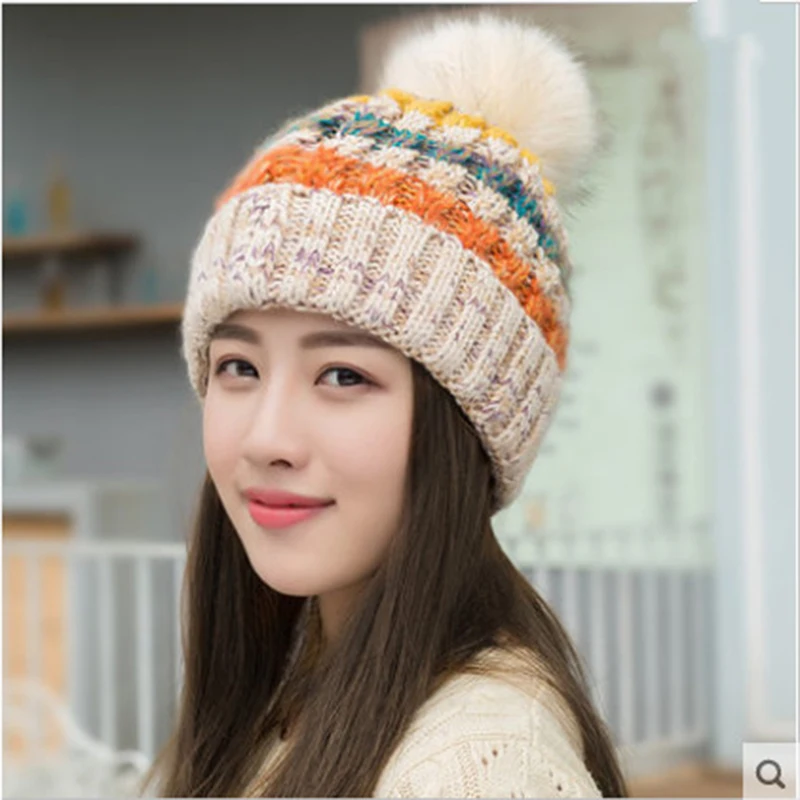 

New Lovely Real Mink Fur Hat For Women Winter Knitted Mink Fur Beanies Cap With Fox Fur Brand New Thick Female Cap Lt04 Z10