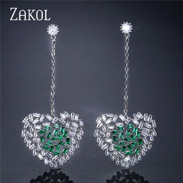 ZAKOL модные серьги-капли с кристаллами в виде багета, циркония, CZ для женщин, модные роскошные длинные висячие серьги, ювелирные изделия FSEP2154 - Окраска металла: Green