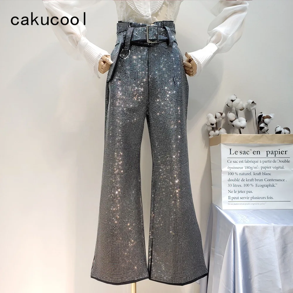 Cakucool Новые блестящие женские брюки с широкими штанинами поясом 2020 на толстой