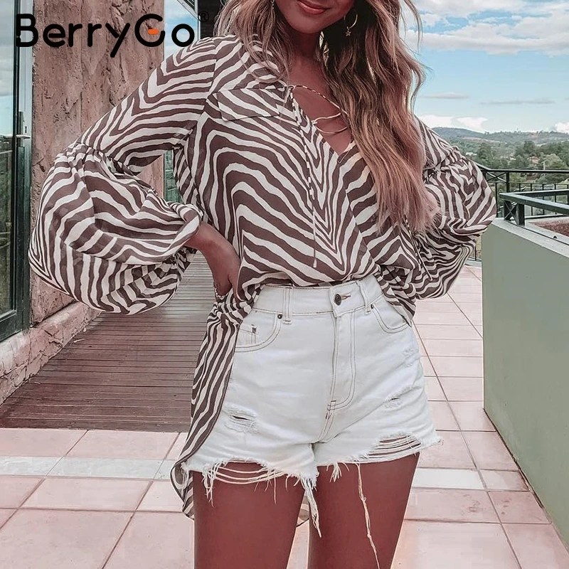  BerryGo Women blouse shirt Zebra stripe print summer blouse Bell long sleeve female top shirt Elega