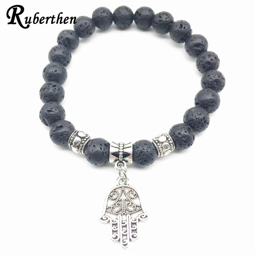 

Ruberthen High Quality Men`s Yoga Bracelet Hand of Fatima Charm Lava Stone Bracelet Drop Shipping Natural Stone Bracelet