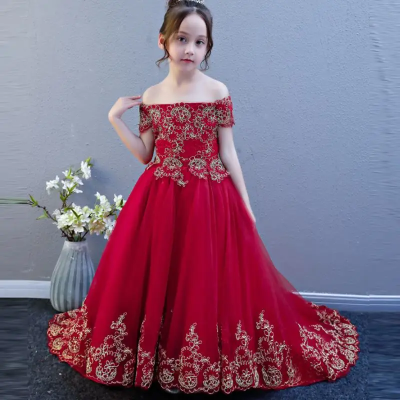 

New Children Girls Mesh Embroidery Trailing Princess Dress Kids Dresses For Girls Wedding Party Baby Girl Clothes Vestidos F01