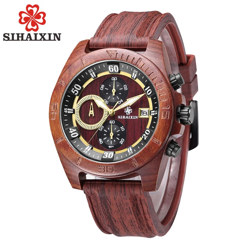 

SIHAIXIN Handmade Luxury Brand Wood Watch Sport with Auto Date Stop Watch Luminous Hands Analog Quartz Red Silicone watches men