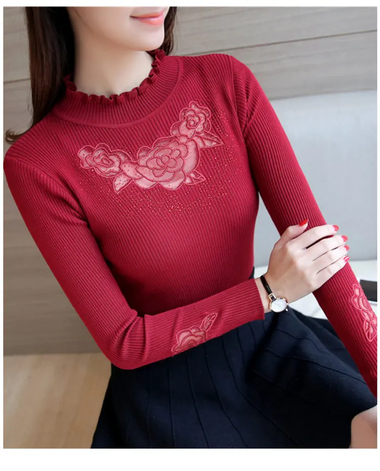 Women Sweater High Elastic Turtleneck Jersey Ladies 2019 Autumn Winter Sweater Women Slim Lace Bottoming Knitted Pullovers (10)