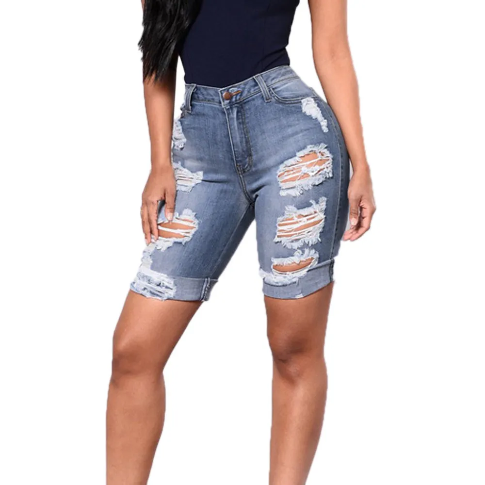 

Women's Summer Short Feminino Jeans Plus Size Skinny Denim Holes Broken Knee Length Jeans Destroyed Ripped Distressed Comfy