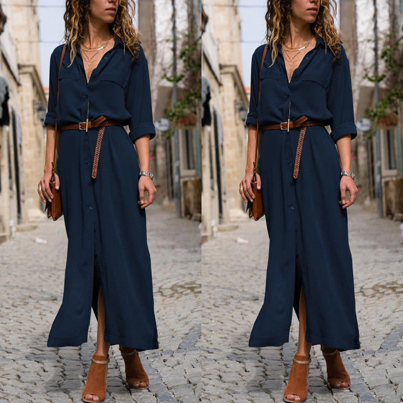

New Casual Ladies Long Sleeve Loose Dress Lace Up High Waist Female Summer Fashion Clothes Long Maxi Dresses