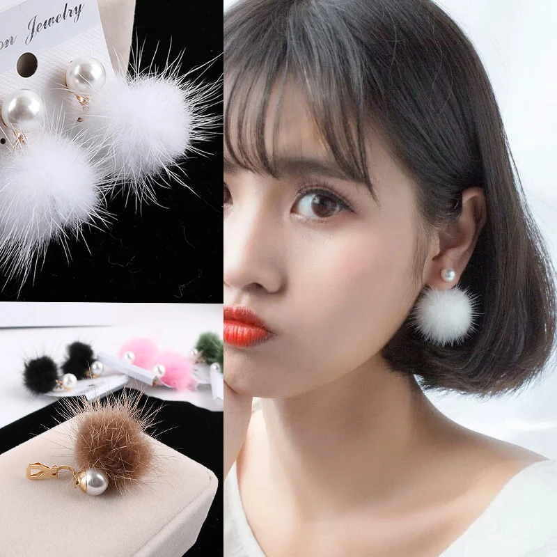 

New fashion 2018 Luxury Temperament Unique Soft Rabbit Fur Ball Pompom Short Clip on Earrings Without Piercing for Women Party