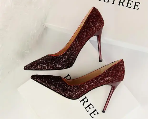 

European and American wind women's shoes high-heeled shallow mouth pointed sexy slimming nightclub color gradient sequins single