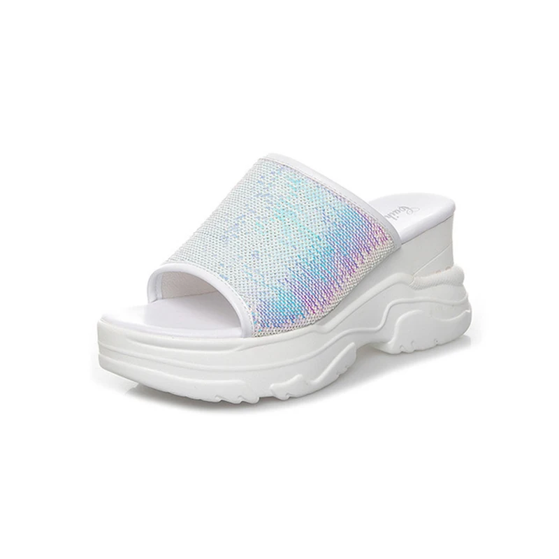 

Women's High Heels Wedges Slippers Platform Shoes 2019 Summer Fashion Sequins Chunky Shoes For Woman Beach Shoe Slippers