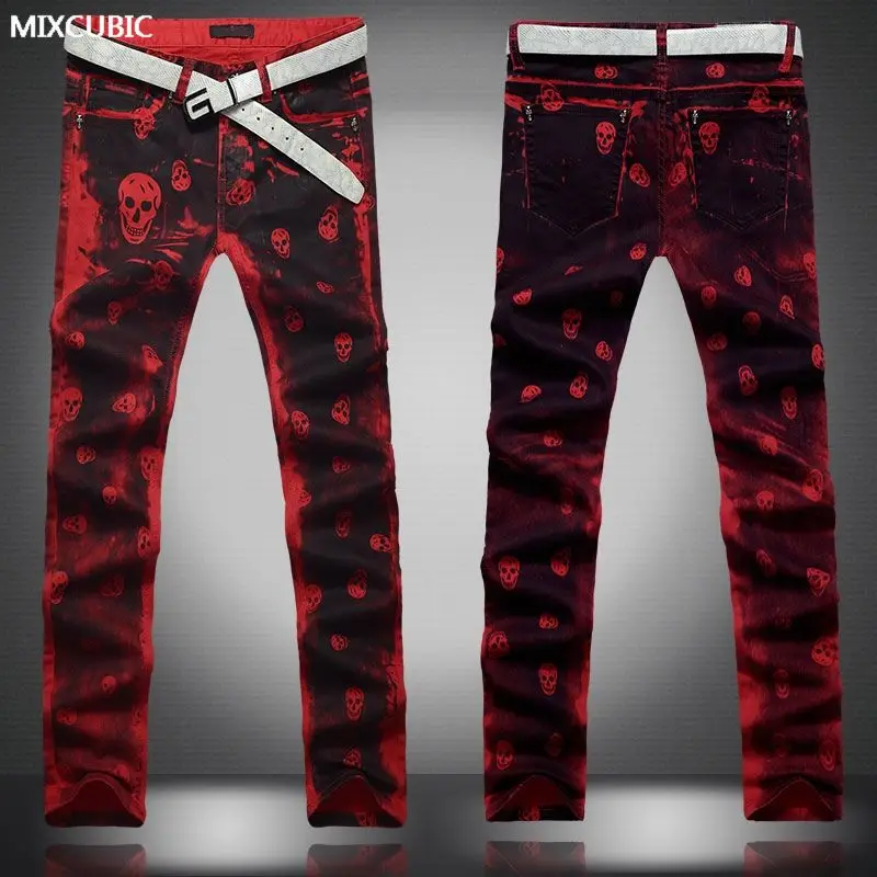 MIXCUBIC модные мужские джинсы с принтом черепа, мужские повседневные облегающие красные джинсы с принтом черепа, мужские красные брюки, размер 28-36