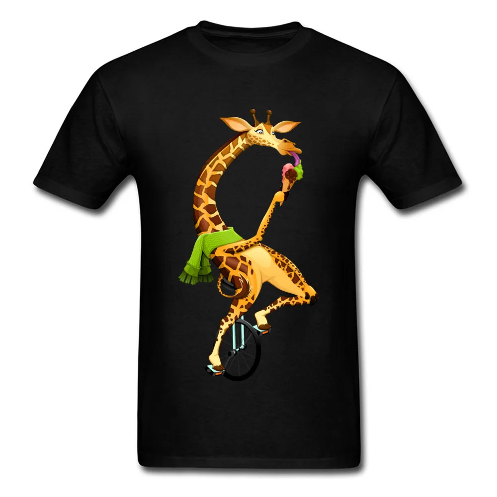 Men Fashion Tops Shirts Crew Neck Labor Day 100% Cotton Tshirts cosie Short Sleeve Funny giraffe on an unicycle Clothing Shirt Funny giraffe on an unicycle black