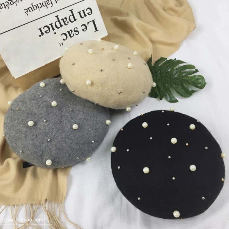 

Women Pearl Woolen Beret Hat 2019 Spring Summer New Hot Fashion Female Solid Color Elegant Casual Caps Berets Hats