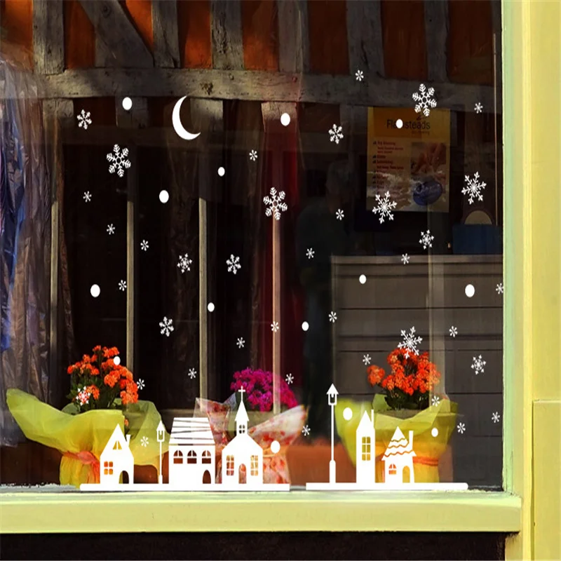 Рождественские украшения для витрин настенные Стикеры, рождественские снежинки города рождественские украшения для домашнего деко noel l1023