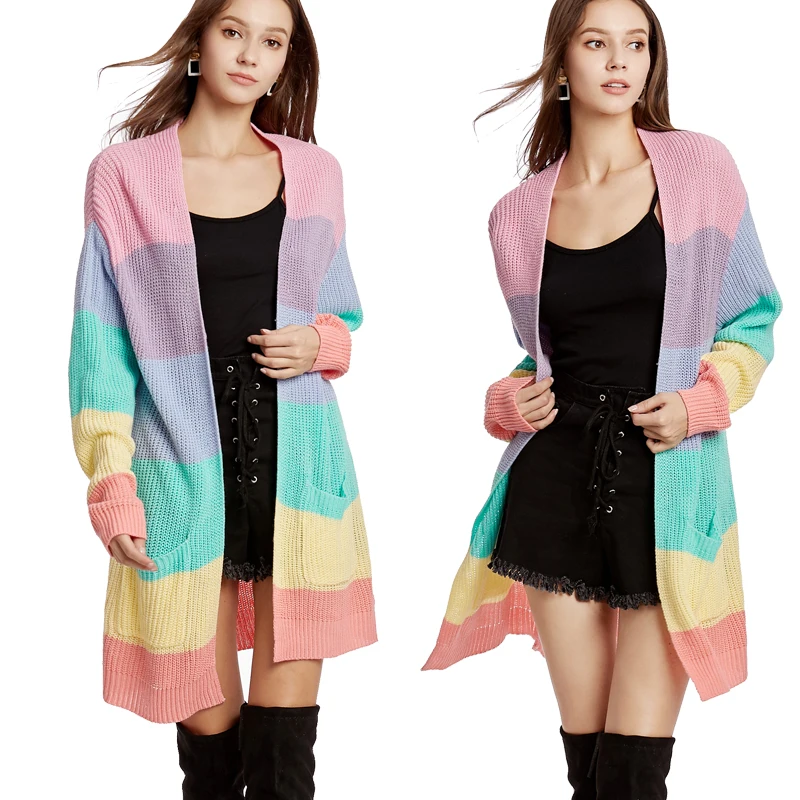 

Autumn Cardigan Women Long Sleeve Rainbow Sweater 2019 Knitted Female Long Cardigan Loose Pocket Women’s Coats Outerwear