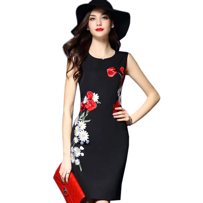 Buy Cheap 2017 High Quality Women Embroidery Dress Vintage Dress O-Neck Slim Summer Office Dresses Bodycon Sleeveless Sexy Satin Vestidos