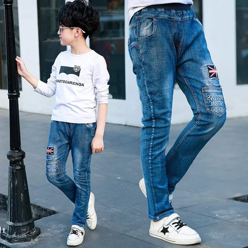 2 Baby Boys Jeans Denim Pants Kids Trousers Teens Applique Letters Embroidered Solid Spring Casual Elastic Waist Children Clothing
