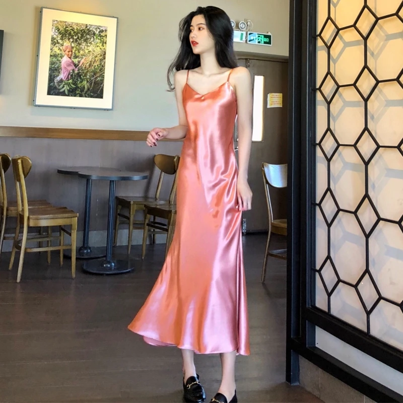 

X Long Ladies Silk Satin Nightgown Sleeveless Nighties Long Nightdress V-neck Sleep Shirt Summer Night Dress Nightwear Women