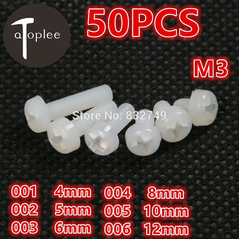 

50 PCS Nylon PA66 Head Screw Silvery White Screws 5 Types M3*4 M3*5 M3*6 M3*8 M3*10 M3*12 Philip Plain Tools