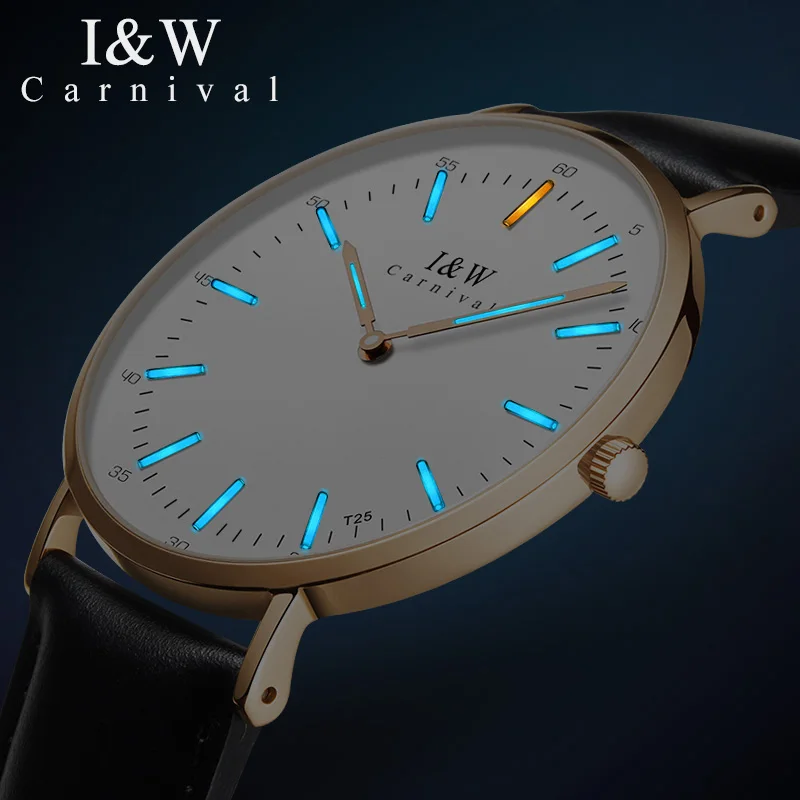 Ультратонкие светящиеся часы Carnival T25 Tritium мужские от топового бренда Роскошные