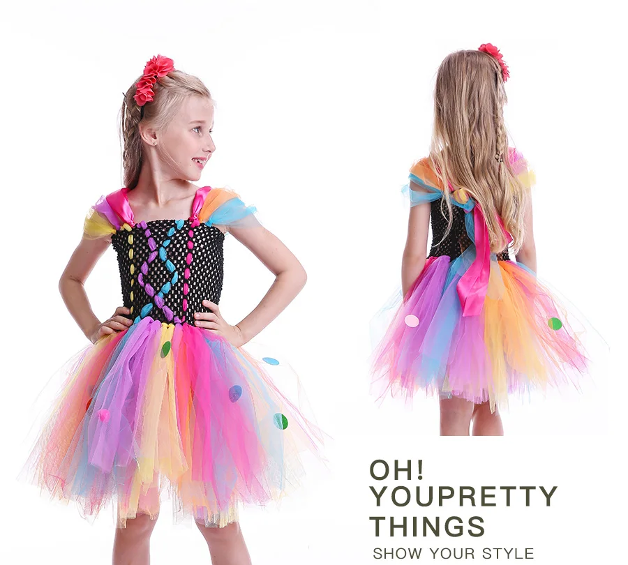 Funky Coloured Clown Style Girls Tutu Dress Circle Embellished Children Tulle Dress for Halloween Parties Role Play Fancy Dress (7)