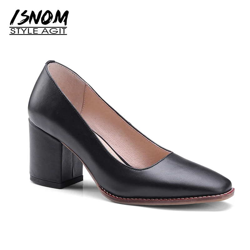 

ISNOM 2018 Heel Women Shoes Genuine Leather Pumps Classic Black Office Female Footwear Thick High Heels Lady Shoes Square toe