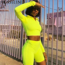 AOSSILIND Autumn Long Sleeve Casual Women Two Piece Set Outfits Turtleneck Crop Top and Shorts Set Sexy Tracksuits