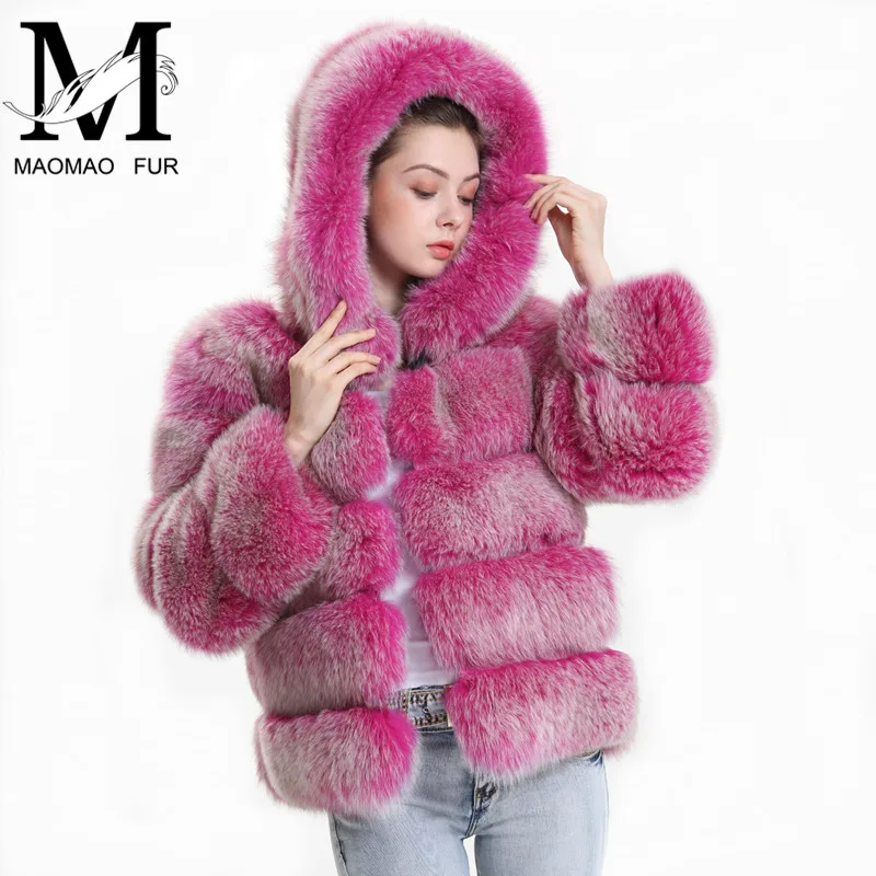 Real Fox Fur Coat Women Winter 2018 Fashion Natural Fox Fur Jacket with Hood Outfit Hoodies Genuine Real Fur Hooded Coat Female