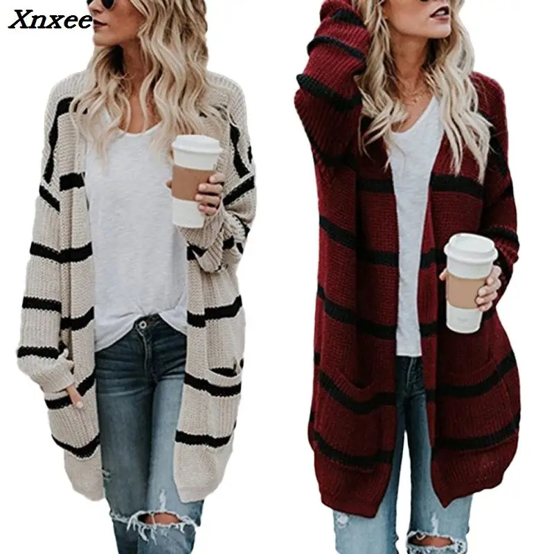 Autumn Winter Women Medium And Long Style Ladies' Street Fashionable Long Striped Knitted Cardigan Outerwear With Pocket Xnxee