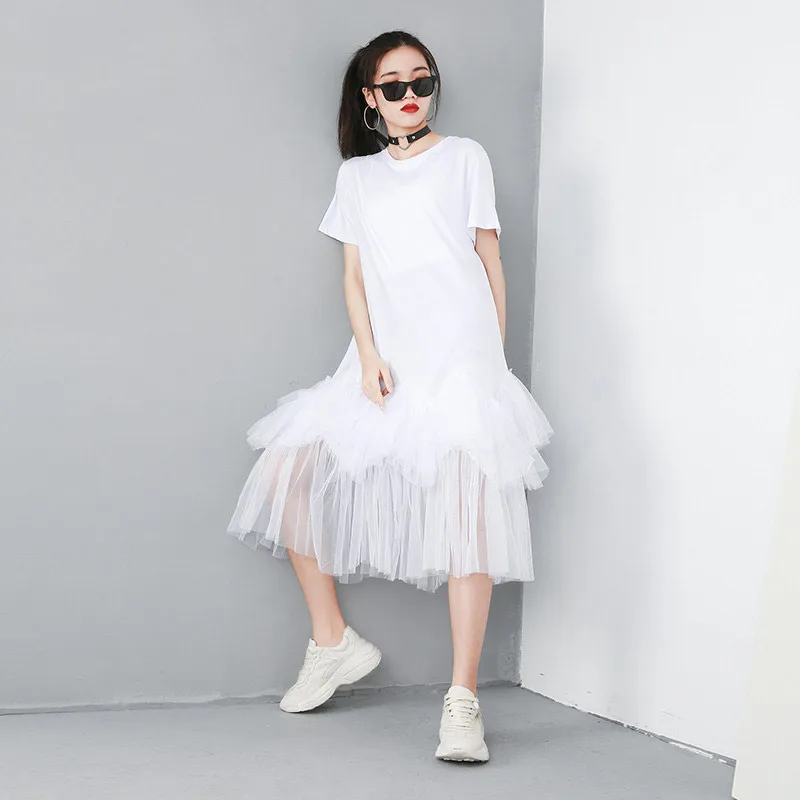 

Spring and Summer Casual Patchwork Mesh Dress Women Short Sleeve White Dresses Cute Style