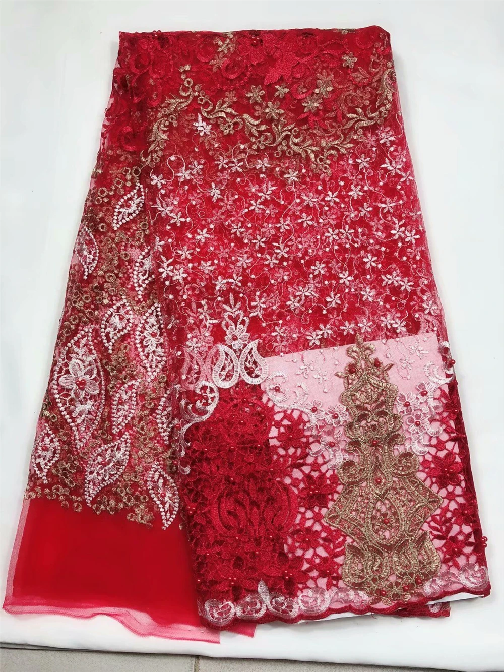 

Good quality Nigerian lace fabric 5 yards beaded hot sale tulle net lace fabric red french lace