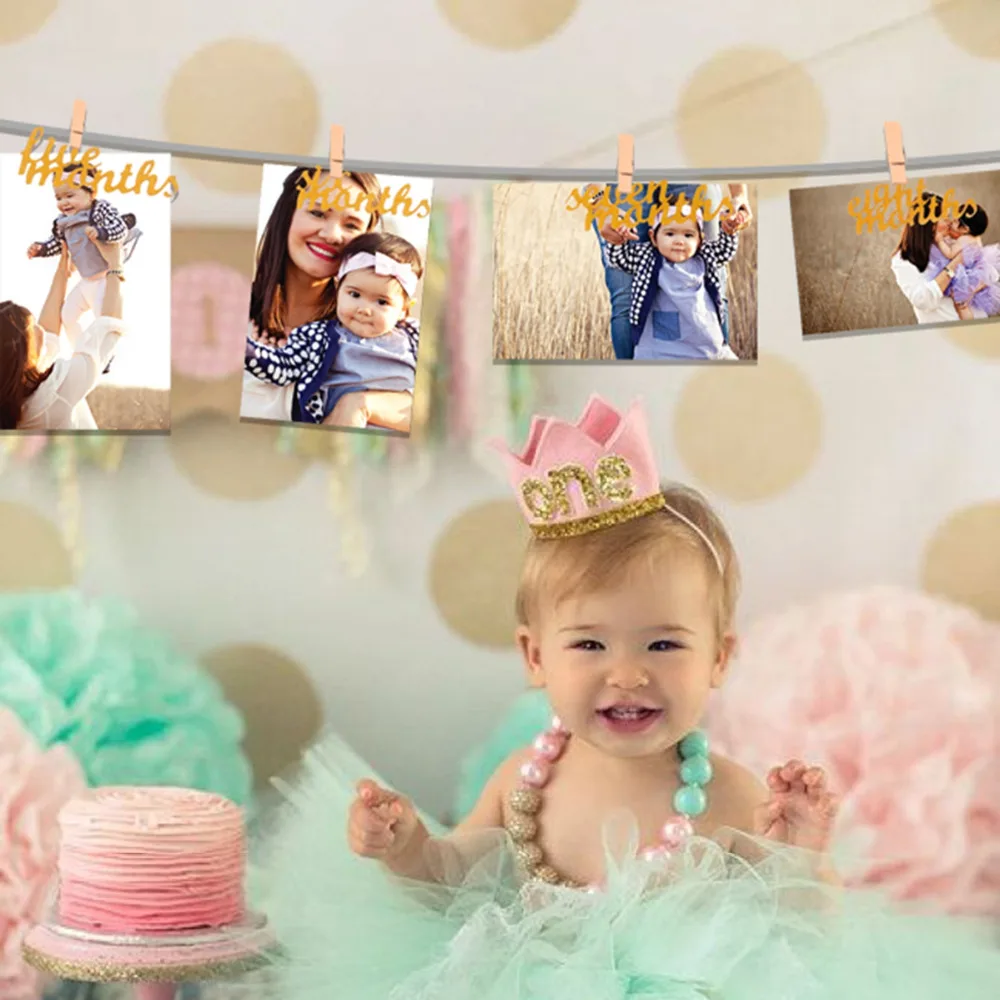 Qifu 12 Months Photo Banner Baby Girl First Birthday Party