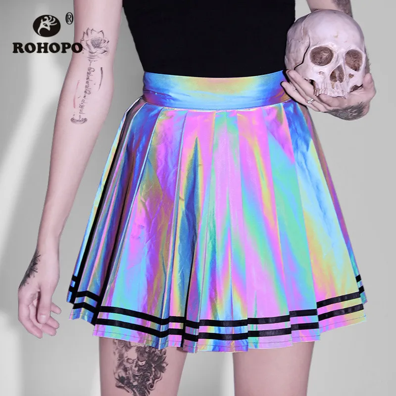 

ROHOPO Gothic Girl Hologram Black Pleated Flare Skirt High Waist Vinyl Skirts Punk Street Female Glitter Mini Skirt #92080