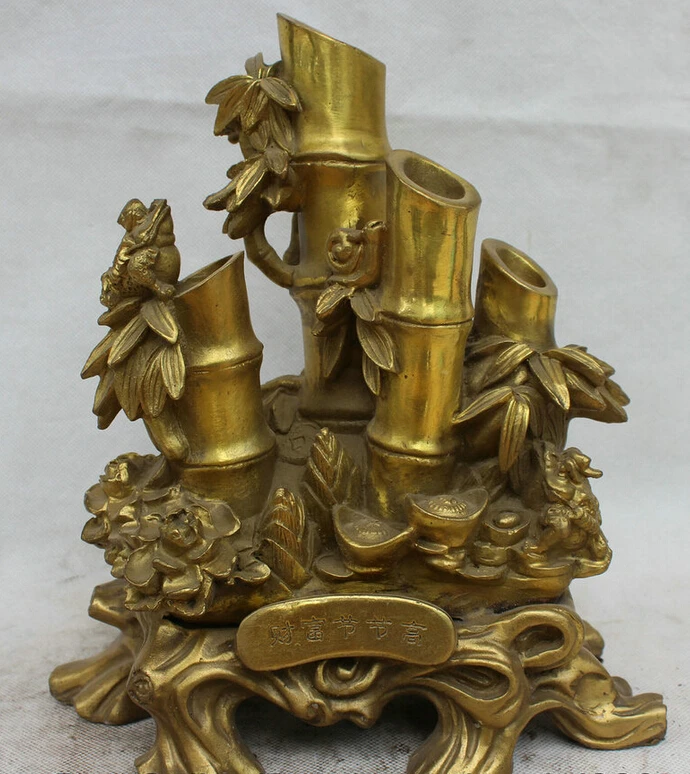 

fast shipping USPS to USA S2055 10" Chinese Brass Fengshui Golden Toad Spittor bamboo Wealth Increase Statue