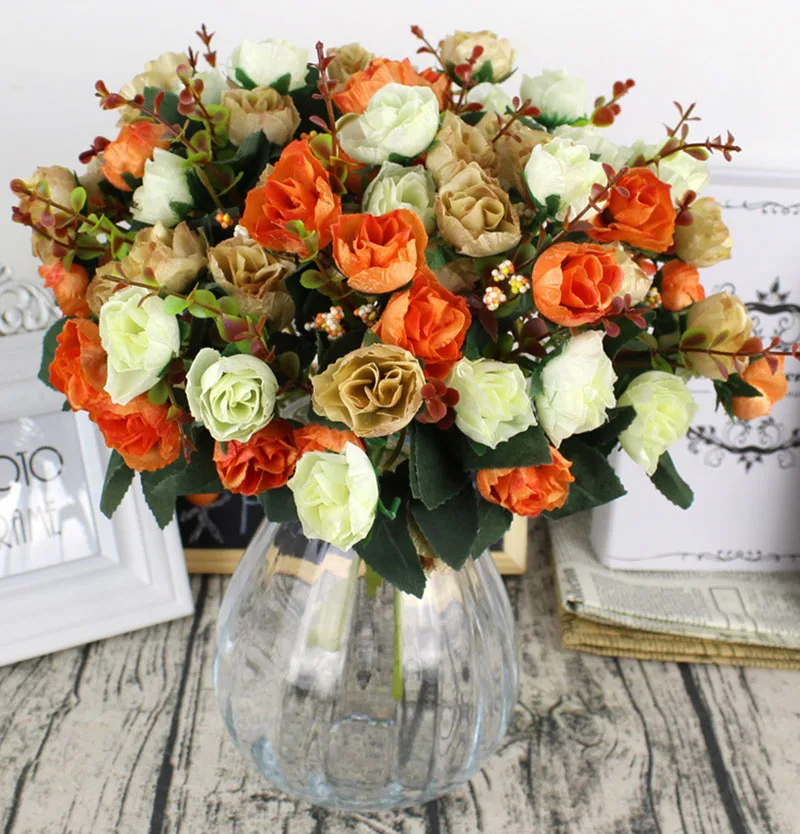 Flone Artificial Silk Rose Bouquet Fake Flowers Home Wedding Display Flower European Rose Small Bouquet Party Decoration (13)