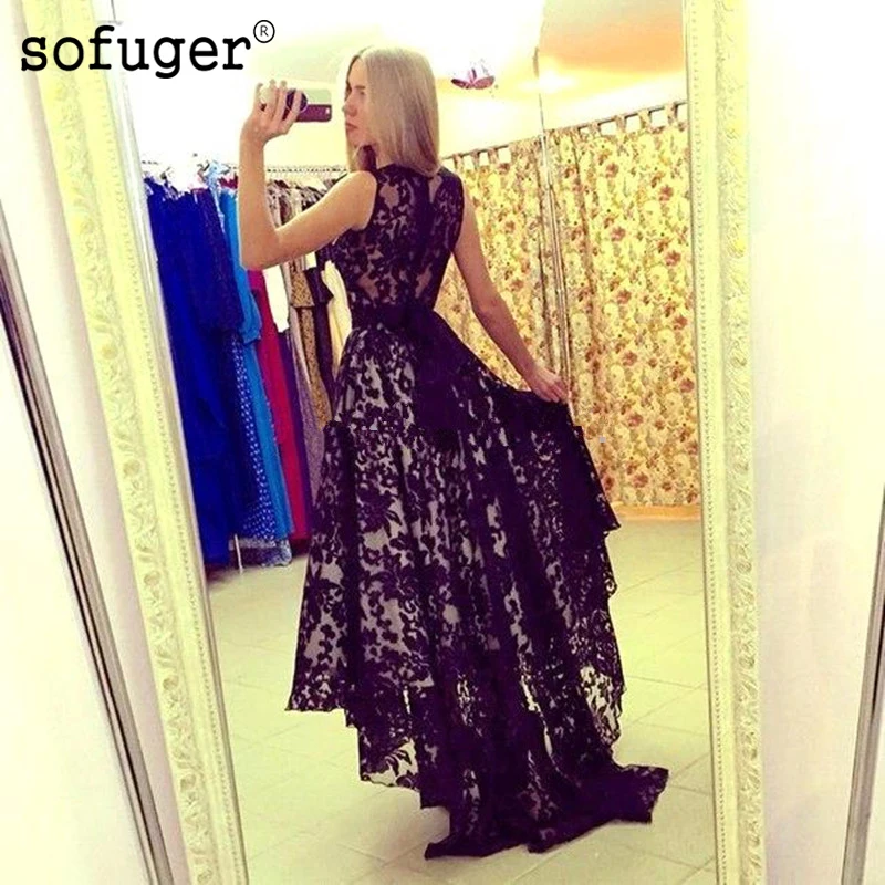 

Black Evening Dresses High Low 2019 Robe De Soiree Longue Lace Evening Party Vestido Longo Prom Dresses Sleeveless