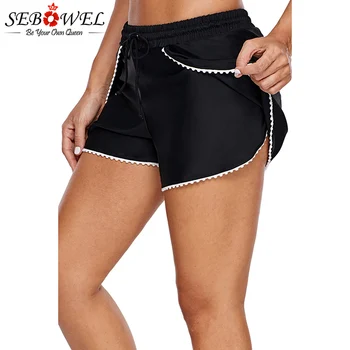 

SEBOWEL Scalloped Trim Flap Cover Black Swim Shorts Swimwear Women Summer Drawstring Board Swimsuit Female Swim Boardshort XXXL