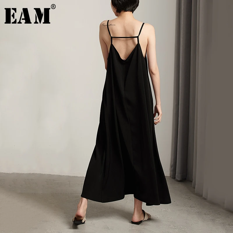 [EAM] Новинка, весенне-летнее платье с v-образным вырезом, без рукавов, с перекрестной повязкой, с открытой спиной, свободное, длинное, темпераментное платье, женская мода, JW174
