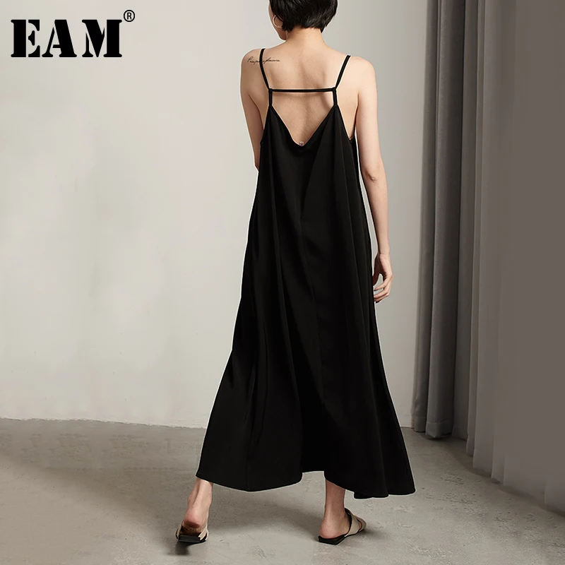 

[EAM] 2019 New Spring Summer V-Neck Sleeveless Cross Bandage Backless Loose Long Temperament Dress Women Fashion Tide JW174