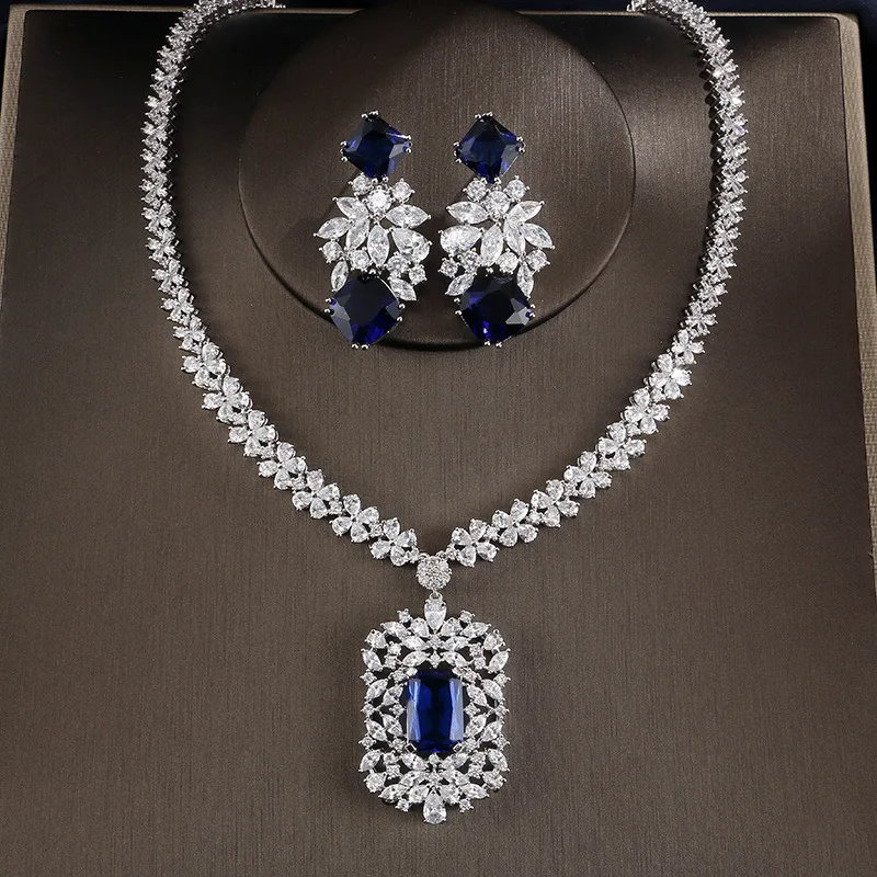 

Luxury Elegant AAA Cubic Zirconia Short Pendant Squre Stone Necklace Earrings 2pcs Jewelry Wedding Bridal Party Dress Set