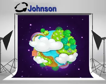 

Colorful Cartoon Fantasy Planet Earth Space Islands Clouds Trees Rainbow backdrop Vinyl cloth Computer print wall background
