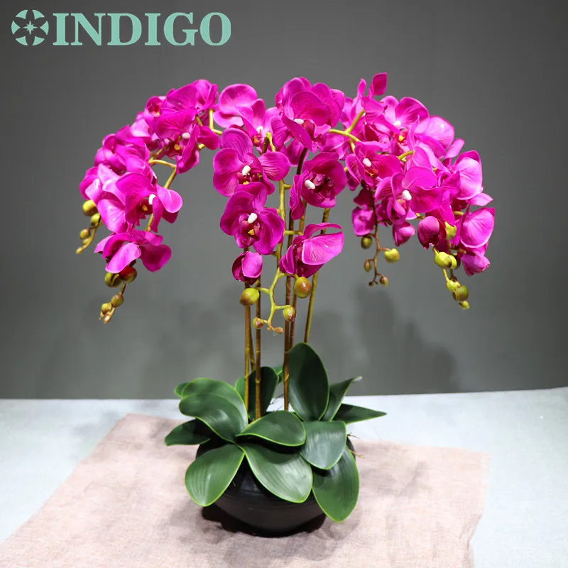 Фиолетовый цветок орхидеи Аранжировка(6 шт. Орхидея+ 3 шт. Лист) реальный сенсорный цветок стол декоративный цветок Свадебная вечеринка