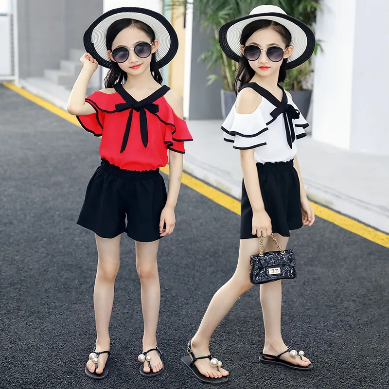 

2019 NEW Girls Kids Summer Outfit New Chiffon Suit Shoulder Off Top + Short Pants 2pc Suit Beach Wear 3 Colors Bigger Girls wear